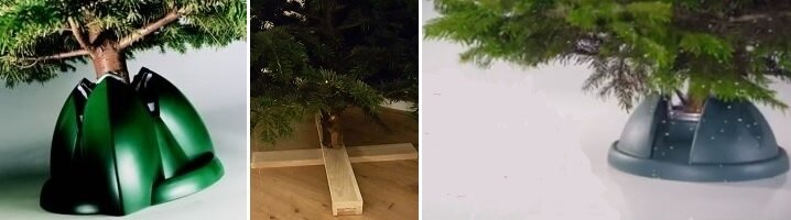 Kerstboomstandaard en houten kruis in beeld